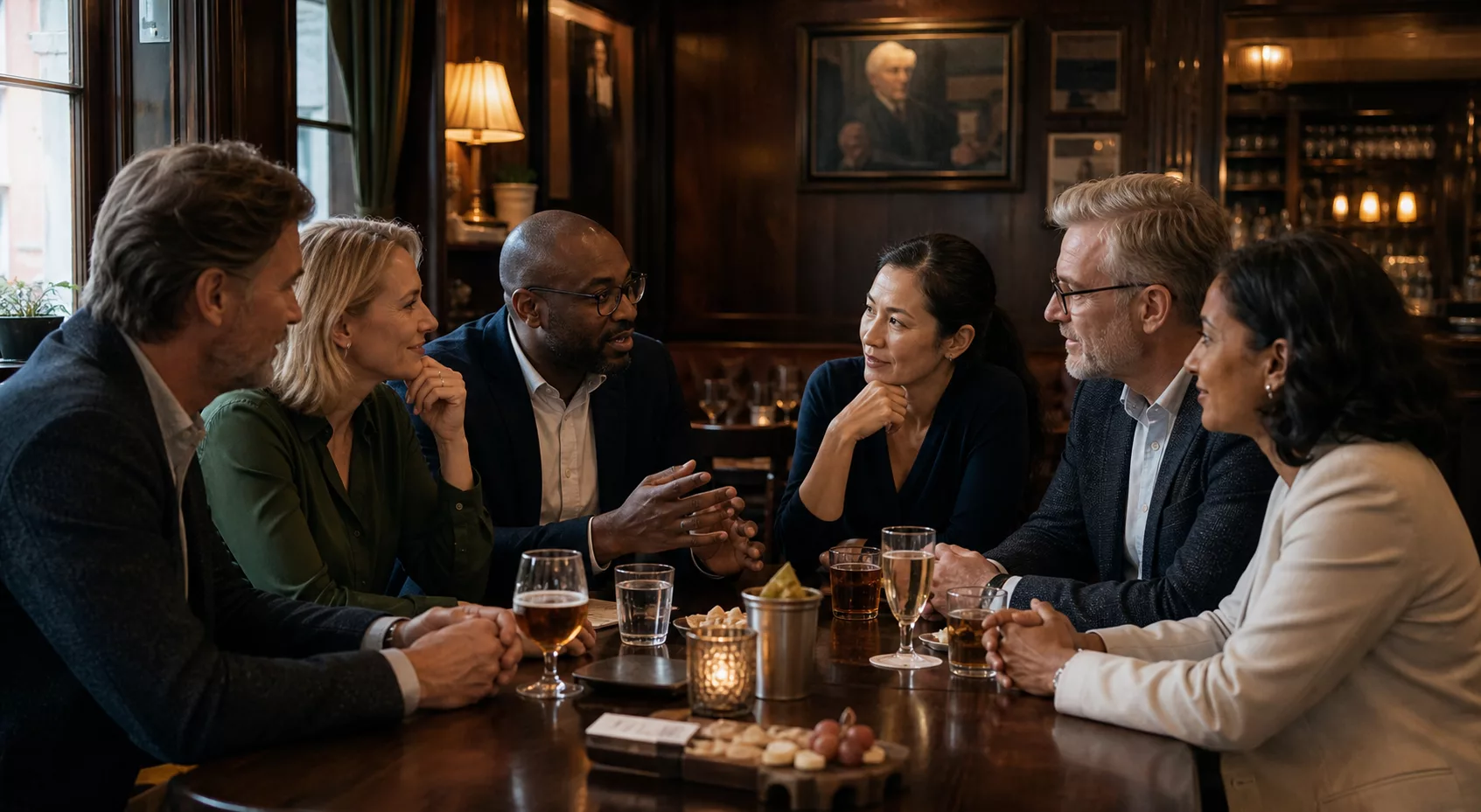 Senior retail and consumer goods leaders in discussion at a corporate pub event